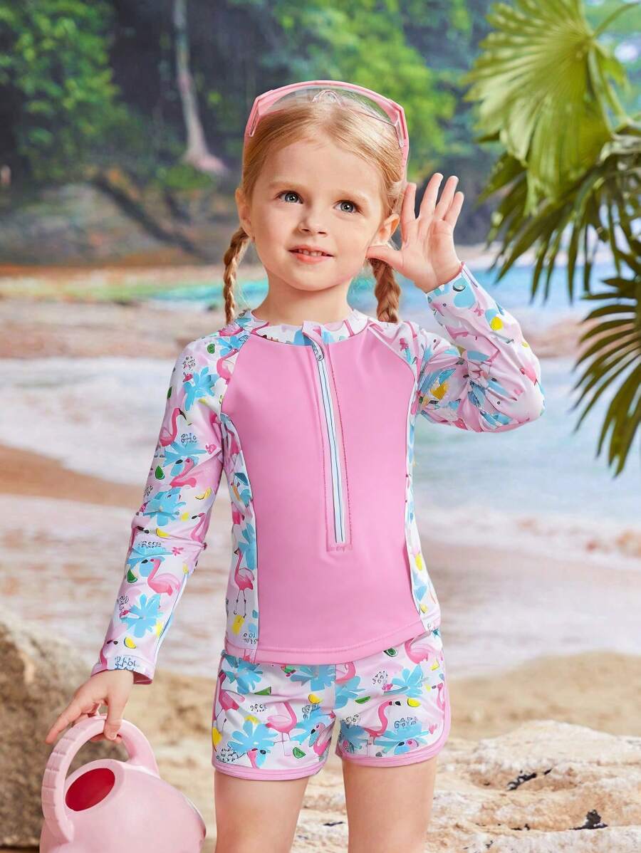 年轻女孩卡通火烈鸟印花长袖分体泳衣套装，童装