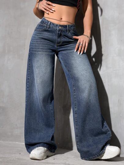 SHEIN PETITE Women's Pockets Loose Wide-Leg Casual Versatile Denim Pants