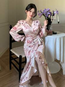 DAZY Damen V-Ausschnitt Rüschen Saum gebundenes Blumen Midi Kleid Abendkleid, Herbstkleid Langarm Kleid Elegante Damenkleider - Pink - Übersicht 6