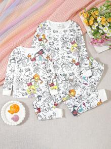 SHEIN Young Girls Cute Mermaid Print Luminous Long Sleeve & Leggings Snug Fit Pajama Set - Multicolor - View 1