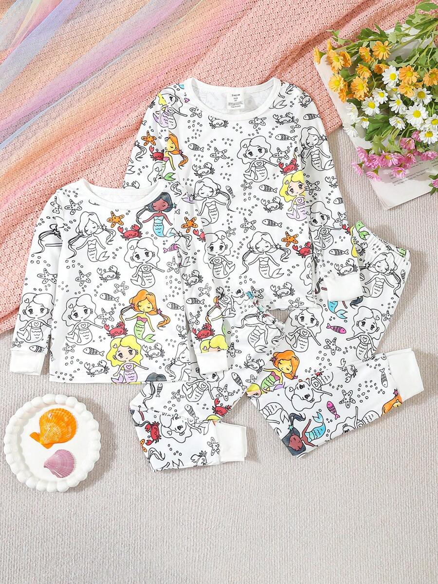 SHEIN Young Girls Cute Mermaid Print Luminous Long Sleeve & Leggings Snug Fit Pajama Set - Multicolor - View 1