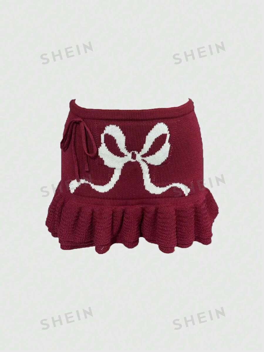 ROMWE Kawaii Falda de punto con lazo de Navidad para mujer