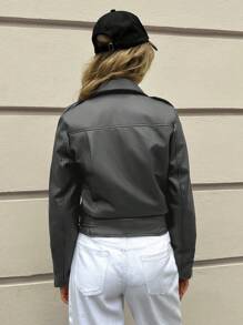 EURMUSE Women's Solid Color Zip Up Collar Long Sleeve Motorcycle PU Leather Jacket, Autumn - Grey - View 2