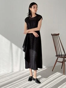 FRIFUL Vestido casual sólido de mujer con parches de malla, vestido de verano para uso diario - Negro - Ver 3
