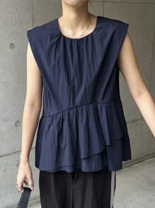 FRIFUL ملابس علوية بدون أكمام للنساء باللون الأزرق الداكن، بتصميم كشكش على الحافة، ملابس علوية صيفية، ملابس علوية بيبي دول - أزرق بحري - مشاهدة 5