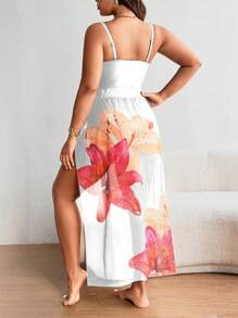 SHEIN Swim Curve Plus Size Women 2pcs/Set Flower Print One-Piece Swimsuit With Cover Up Skirt, Vacation/Summer Beach Wear - Multicolor - View 2