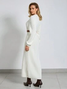 EURMUSE Round Neck Raglan Sleeve Maxi Sweater Dress With Beading - White - View 2
