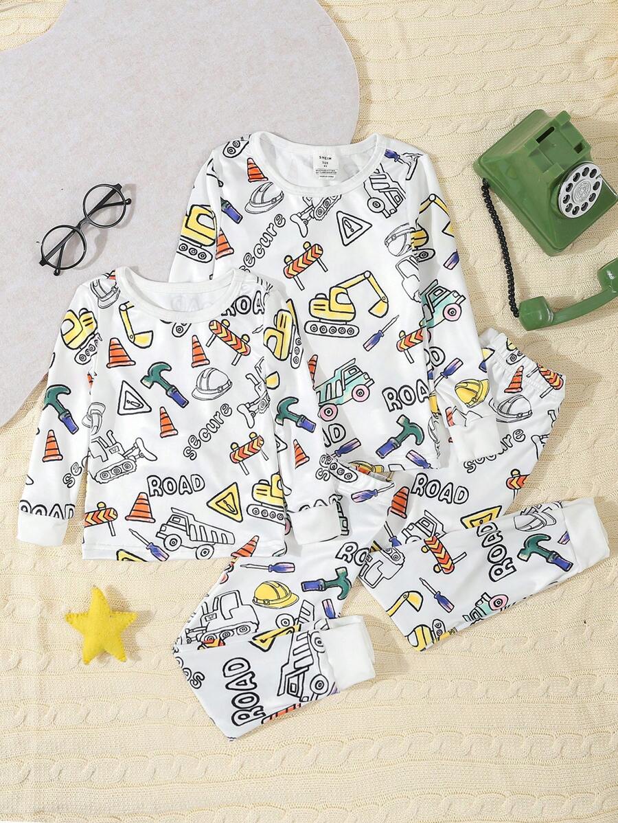 SHEIN Young Boy Cool Luminous Car Print Long Sleeve Snug Fit Pajamas Set - White - View 1