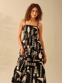 CAJUNI Women's Boho Black And Apricot Printed Holiday Leisure Summer Beach Strap Long Dress