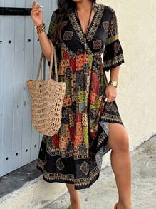 Plus Size Women Boho Floral Print V-Neck Flare Sleeve Dress For Vacation, For Summer - Multicolor - View 5