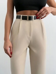 SHEIN Cottnline Women Creased Straight Leg Trousers With Slanted Pockets - Beige - View 5