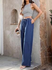 SHEIN Essnce 女士休闲抽绳腰阔腿牛仔裤 - 深色水洗藍 - 查看 3