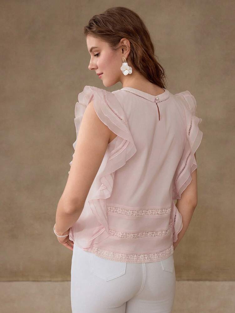 CONTRAST LACE RUFFLE TRIM BLOUSE,SPRING/SUMMER