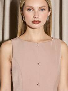 AiiRZ Elegant Button-Front Column Midi Dress With Pockets Professional Office Party Wedding Guest Business Sleeveless Split Front Fall Winter Spring - Khaki - View 3