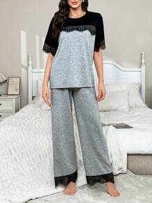 CoupledUp Contrast Color Splice Lace Design Casual Grey Round Neck Pajama Set - Grey - View 5