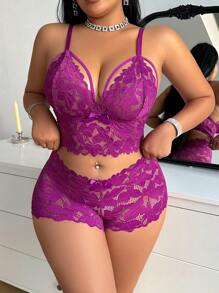 SHEIN 2pcs Set Sexy Plus Size Women Lace Lingerie Set - Purple - View 4