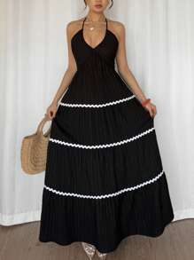 SHEIN Raffinéa Damen Lässig Resorts Stil Spaghettiträger Asymmetrisches Langes Kleid mit Gerüschtem Saum und Rückenausschnitt, Frühling/Sommer Neuerscheinung Schwarz - Schwarz - Übersicht 7