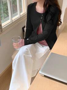 DAZY Women's Contrast Color Long Sleeve 2 In 1 Oblique Placket Round Neck Butterfly T-Shirt,Fall Clothes - Black - View 3