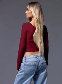 MUSERA Button Corset Long Sleeve Top Casual Summer Spring - Burgundy - View 3