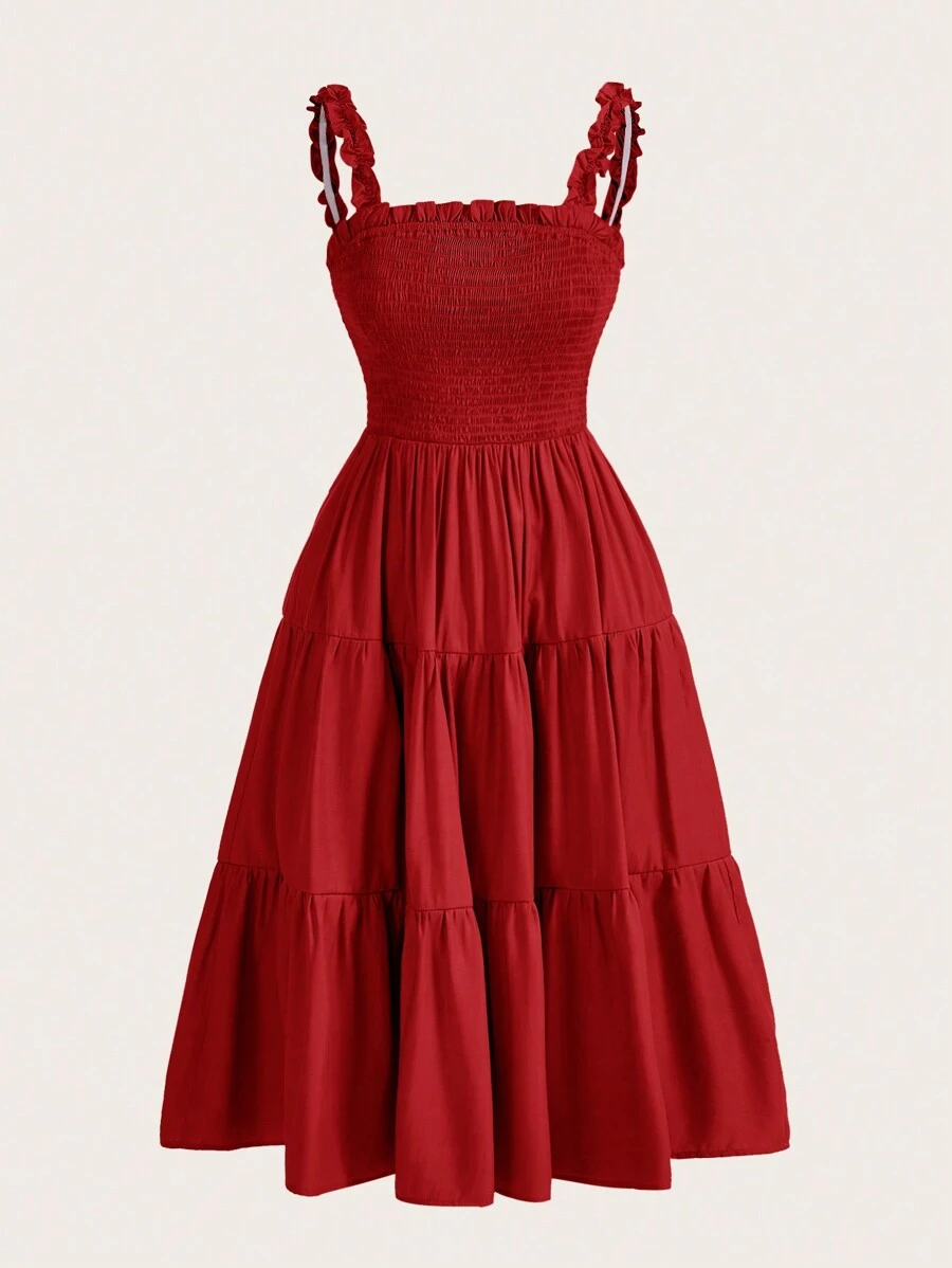 Revavyn 纯色荷叶边装饰荷叶边下摆连衣裙节日派对连衣裙波西米亚风度假时尚风格，适合夏季春秋季 - 紅色 - 查看 1