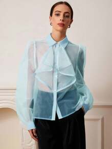 Revavyn Áo cánh tay đèn lồng cổ bèo nhún organza thanh lịch lãng mạn kiểu Pháp, thích hợp cho ngày lễ tình nhân, mùa xuân và mùa hè - Màu xanh lam - Xem 5