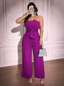 SHEIN Unity Plus Size Women Knitted Jumpsuit With Bowknot ,Valentine - Purple - View 2