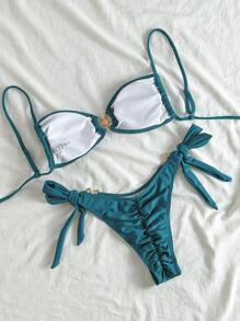 Swim Mod 春假女士夏季纯色金属海星装饰侧系带比基尼泳装套装适合海滩度假