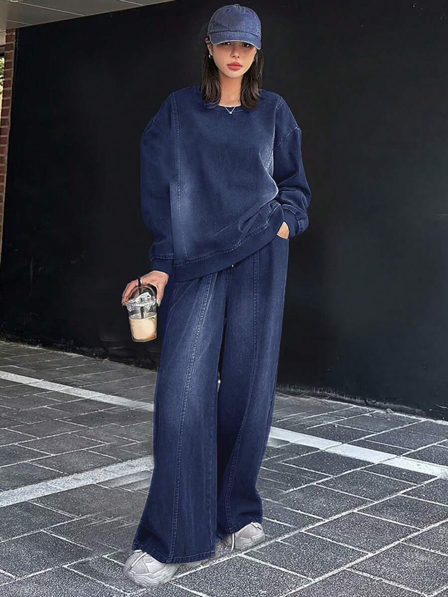 DAZY 1 套纯色宽松牛仔衬衫和阔腿裤女士牛仔套装，秋季服装