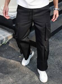 Manfinity Homme Plus Size Men's Solid Color Front Tie Pocket Casual Pants