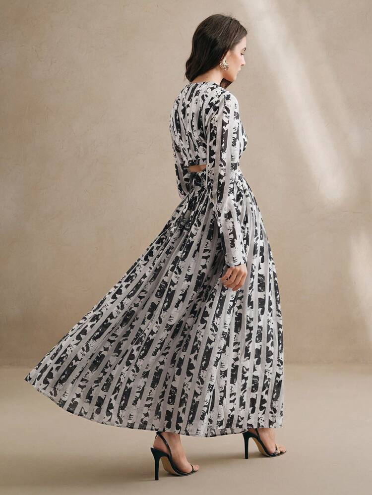 2pcs Vacation Outfit For Women: Black & White Jacquard Striped Mesh Splice Drawstring Crop Top And Long Midi Skirt Set, Festival Going Out Outfits