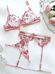 Set de lencería de 5 piezas con top de tirantes y ropa interior con bordado floral para mujeres