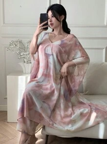 DAZY 2 件套女士扎染印花蝙蝠袖连衣裙和夹克套装 - 粉色 - 查看 3