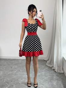 Rafferiza Women Square Neck Sleeveless Polka Dot Bowknot Dress, Minimalist Design - Black - View 1