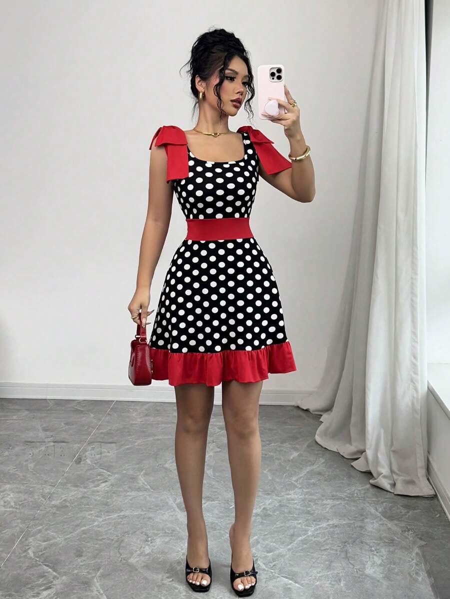 Rafferiza Women Square Neck Sleeveless Polka Dot Bowknot Dress, Minimalist Design - Black - View 1