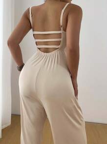 Flirla Women's Elastic Knit Spaghetti Strap Backless Wide Leg Pants - Apricot - View 1