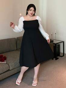 Dazy Plus Robe mi-mollet près du corps à manches évasées, col carré et blocs de couleurs, robe à manches longues pour le printemps/automne en grande taille