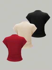 Chiquease Women's Solid Color Stand Collar Short Sleeve Ruched Fitted Shirt, Casual Everyday Wear - Multicolor - View 2