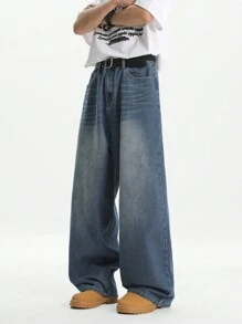 Manfinity Hypemode Men's Retro Dark Blue Washed Loose Relaxed Wide-Leg Jeans, Urban Chill - Dark Wash - View 5