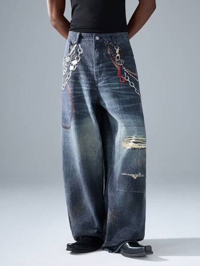 NEON BLANC Men's Street Fashion Loose Woven Denim Effect Long Pants