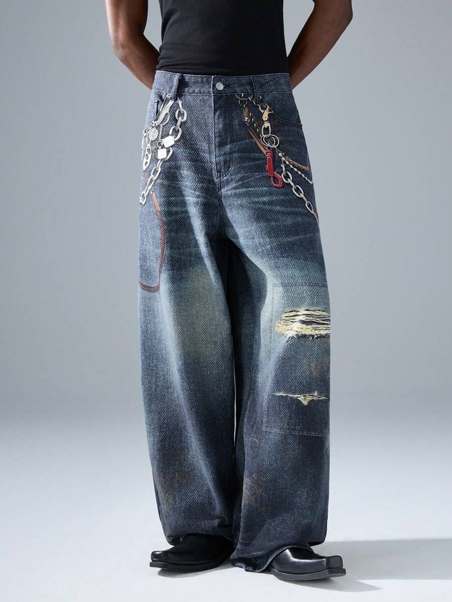 NEON BLANC Men's Street Fashion Loose Woven Denim Effect Long Pants - Teal Blue - View 1