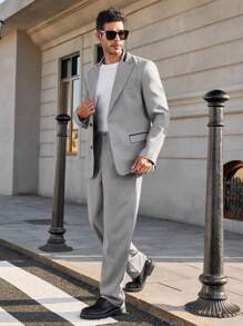 Manfinity RelaxMax 男士前扣开合长袖上衣和长裤正装西装套装 - 灰色 - 查看 4