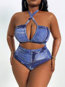 SHEIN Slayr CURVE Plus Size Casual Street Style Denim Effect Print Cut Out One-Piece Suit, For Summer Beach Vacation