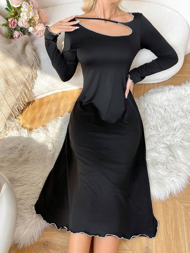 Women's Casual Y2K Color-Blocking Trim Long Sleeve Simple Lounge Dress - Black - View 6