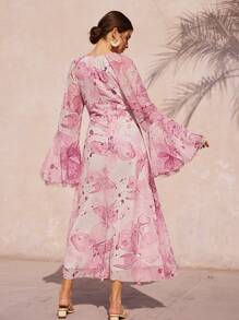Femmeiva French Romantic Floral Print V-Neck Flare Sleeve Cinched Waist Ruffle Hem Long Chiffon Dress For Women Boho Vacation Fashionable Style For Spring Fall - Multicolor - View 2