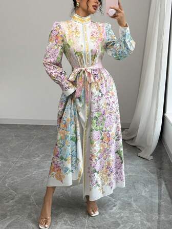 Rafferiza 法式优雅花卉印花泡泡袖立领纽扣腰连衣裙，春季女款