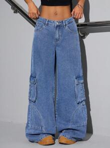 SHEIN ICON Quần Jeans Denim Ống Thẳng Cạp Thấp Thường Ngày Cho Nữ - Rửa tối - Xem 5