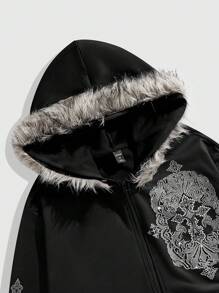 ROMWE MEN Goth Áo nỉ trùm đầu dài tay in hình chữ thập có khóa kéo phía trước cho nam, mùa thu - màu đen - Xem 3