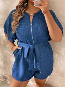 SHEIN LUNE Women's Bell Sleeve Front Zip Up Jumpsuit Shorts, Casual Spring/Summer