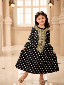 SHEIN Spring/Autumn Girls Modest Modest Elegant Print Floral Trim Long Sleeve Round Neck Dress - Black - View 7