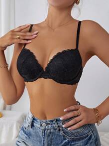 1 件女士蕾丝杯钢圈胸罩内衣 - 黑色 - 查看 6